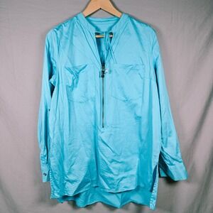 Michael Kors Aqua Blue Collarless Zipper Tunic Shirt Long Sleeve Pockets read